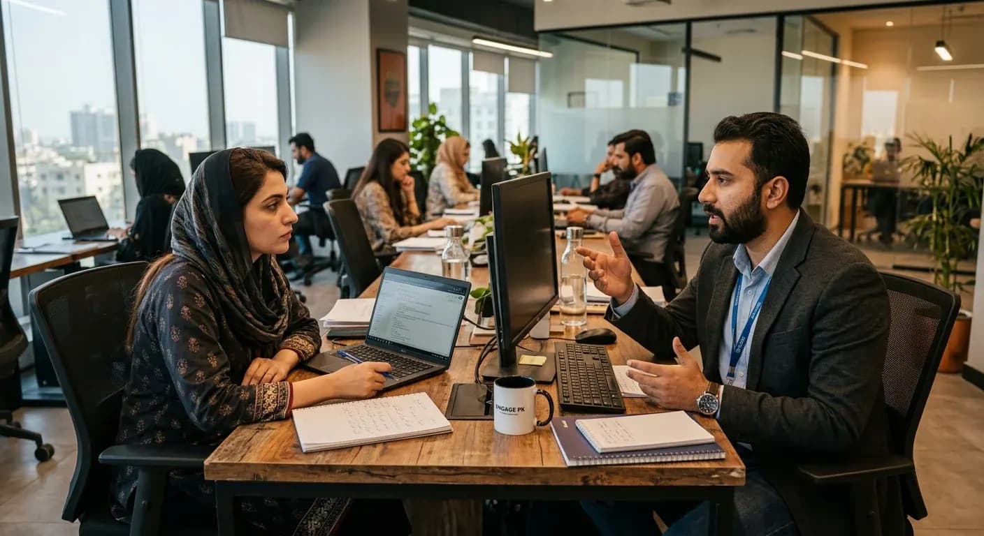 Pakistani professionals collaborating in a modern office